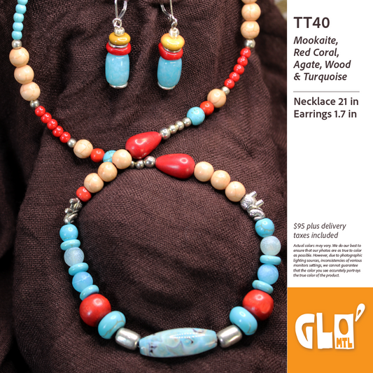 Mokaite, Red Coral, Agate, Wood & Turquoise